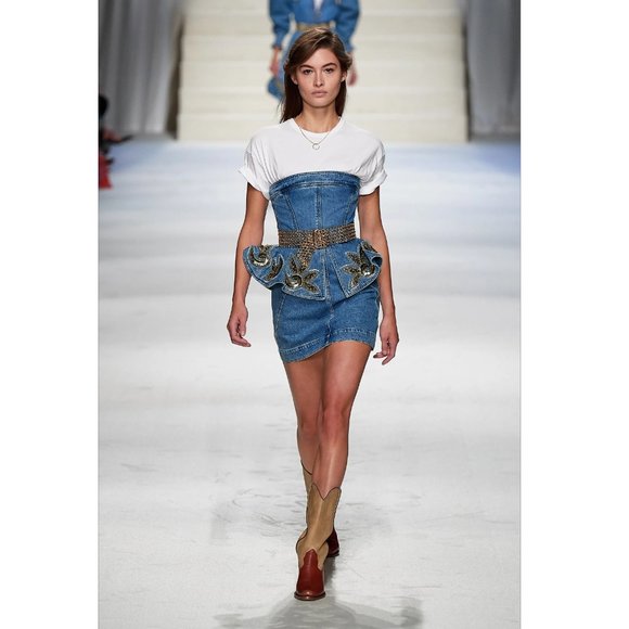 $1369 Philosophy Di Lorenzo Serafini Embellished Peplum Denim Dress - Blue US 4